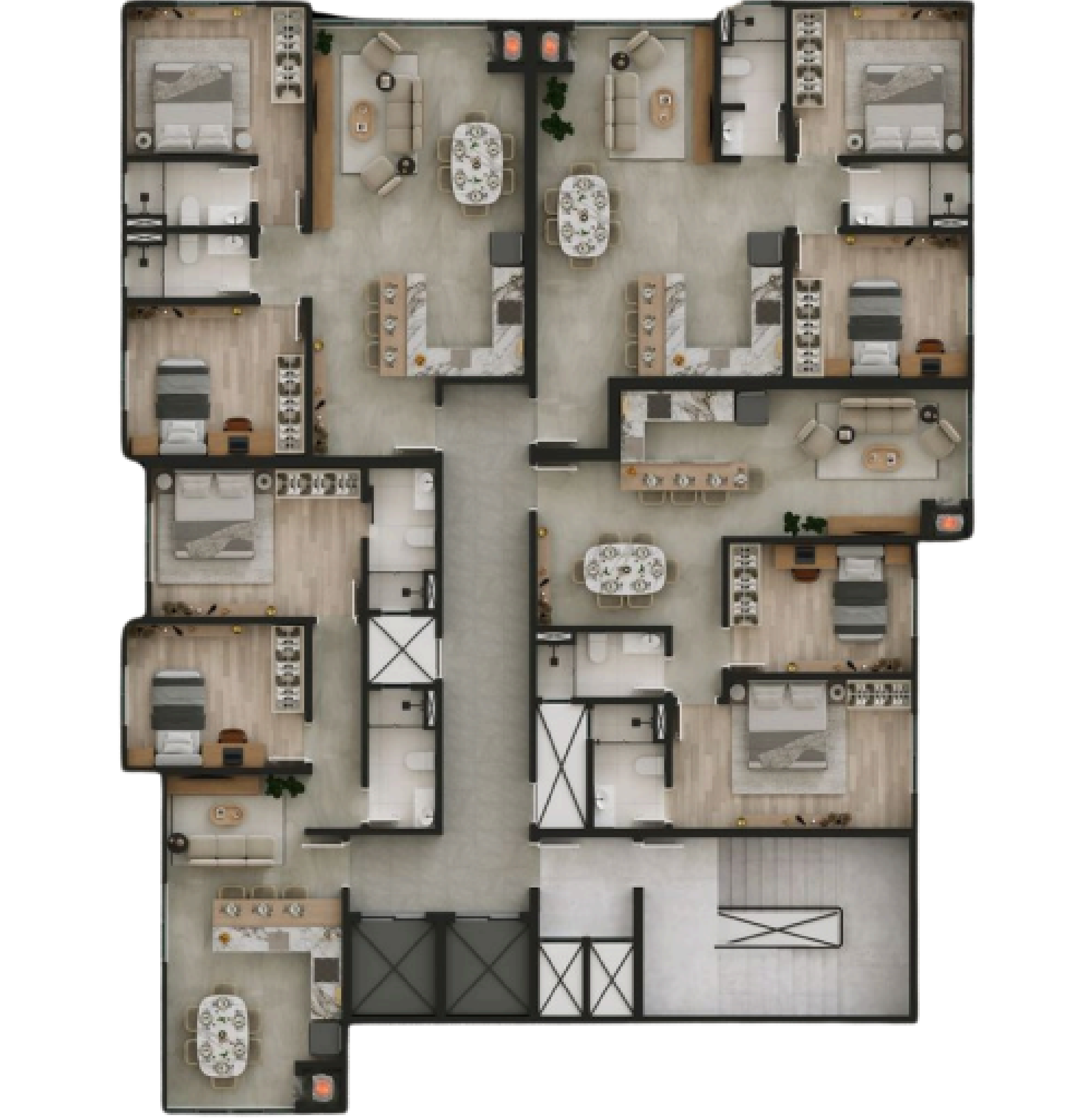 Planta humanizada, Torre 2, com a distribuição dos apartamentos do andar. Imagem ilustrativa.